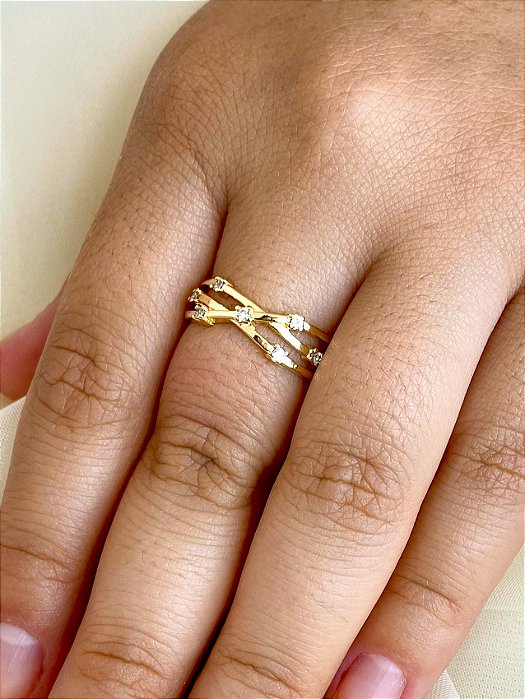 Anel Cravejado Triplo - Semijoia 18k MA57-1575