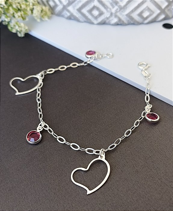 Pulseira Coração c/ pedrinhas Prata 925 - 18cm - MP103-26110