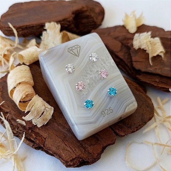 Trio de Brincos Color Zircônias Prata 925 - 3mm - MB573-652