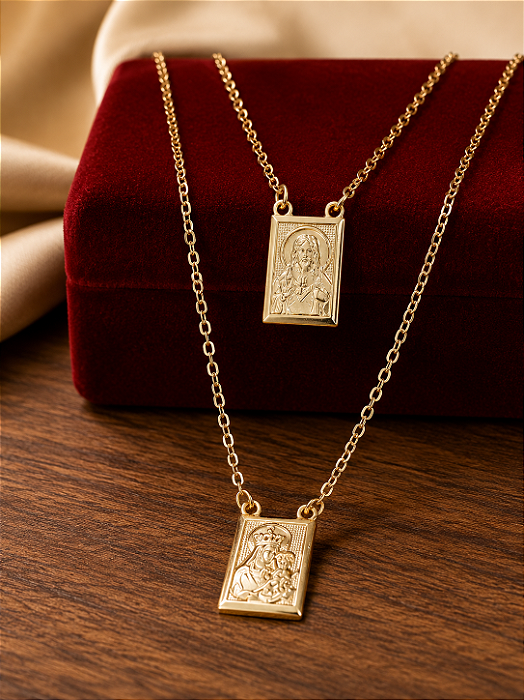 Escapulário Medalhas Sagrado Coração e N.Sra. do Carmo - Semijoia 18k