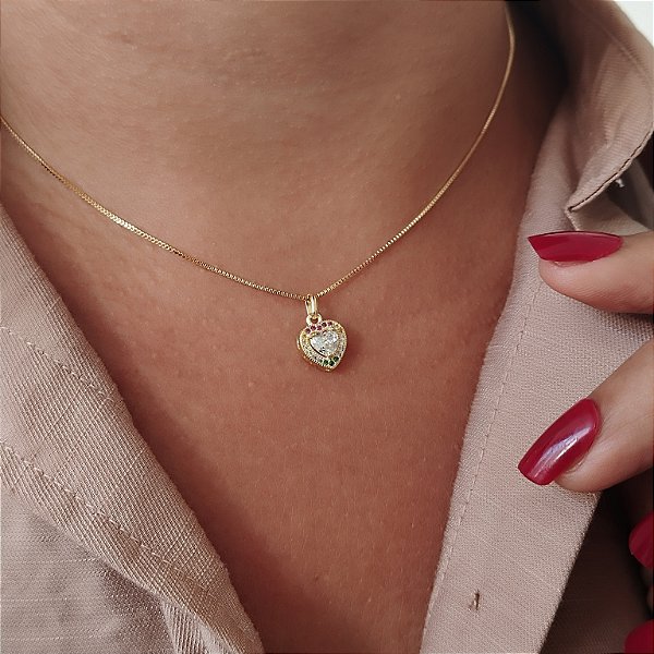 Gargantilha Coração Cravejado Multicor - Semijoia 18 k -  MC615-1394