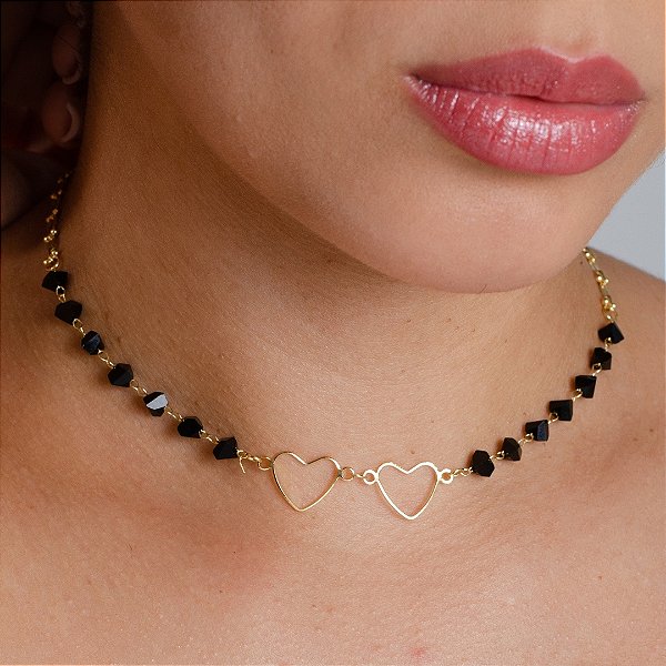 Gargantilha Choker Coração C/ Pedras Pretas - Semijoia 18 k - MC625-18180
