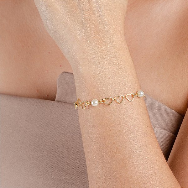 Pulseiras Coração Vazado C/ Pérolas - Semijoia 18k
