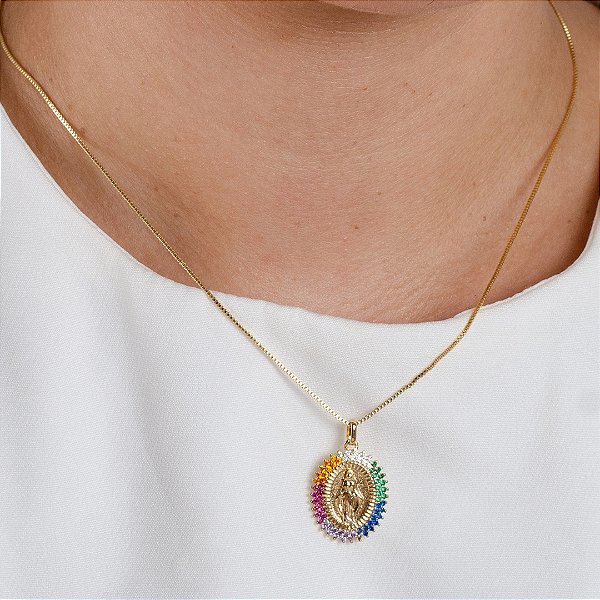 Gargantilha Nossa Senhora Cravejada Multicor - Semijoia 18k - 45cm - MC699-20220