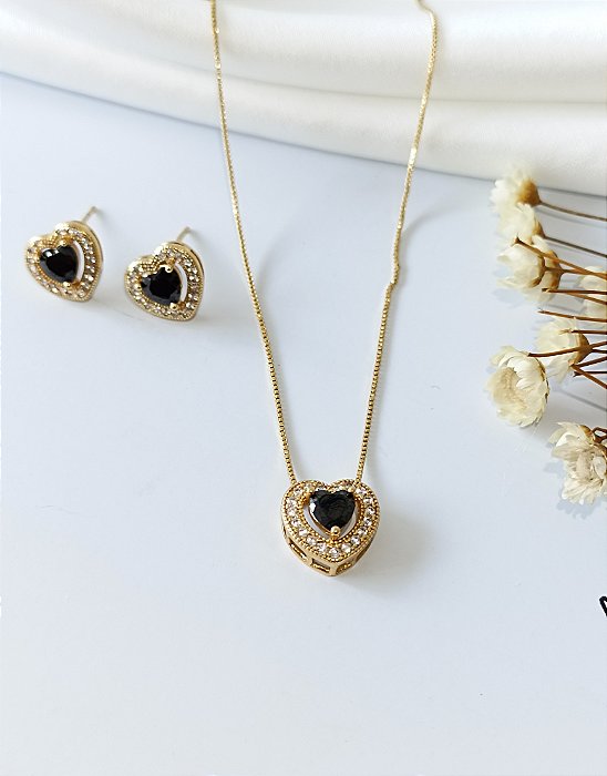 Conjunto Coração Preto Cravejado - Semijoia 18k - 45 cm