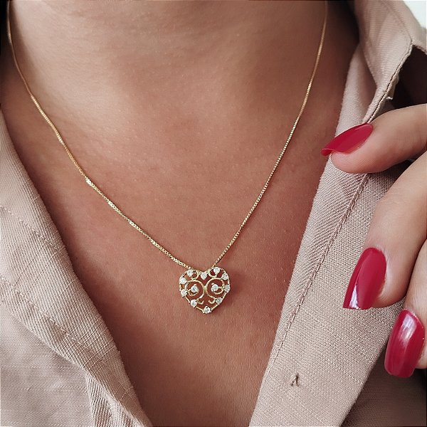 Gargantilha Coração Cravejado - Semijoia 18k - MC799-1394