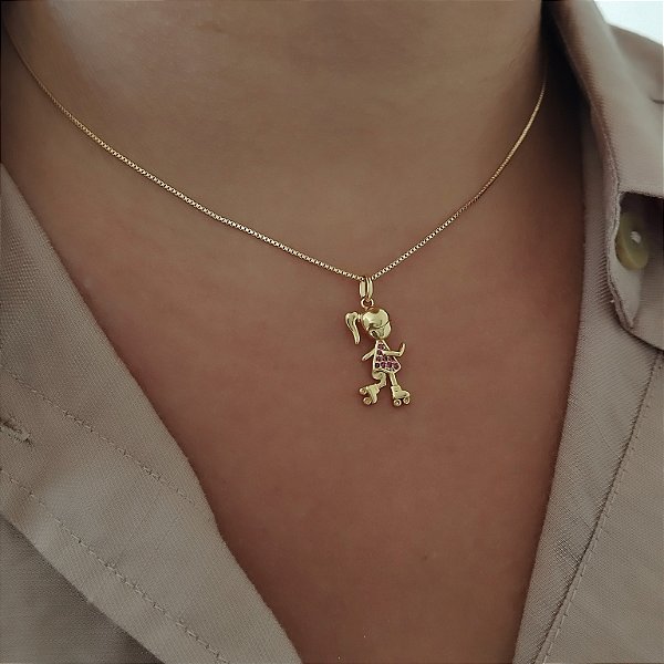 Gargantilha Menina Cravejada Zircônia Rosa - Semijoia 18k - MC803-15220