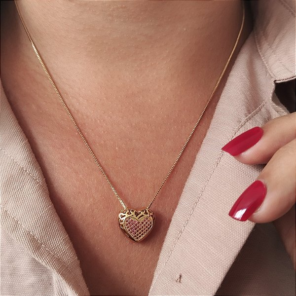 Gargantilha Coração Cravejado Rosa - Semijoia 18k - MC826-16140