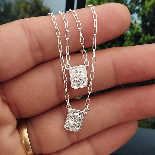 Escapulário Coração de Jesus - Nossa Senhora do Carmo Dupla Face - Prata 925 - 60cm - MC887-X360
