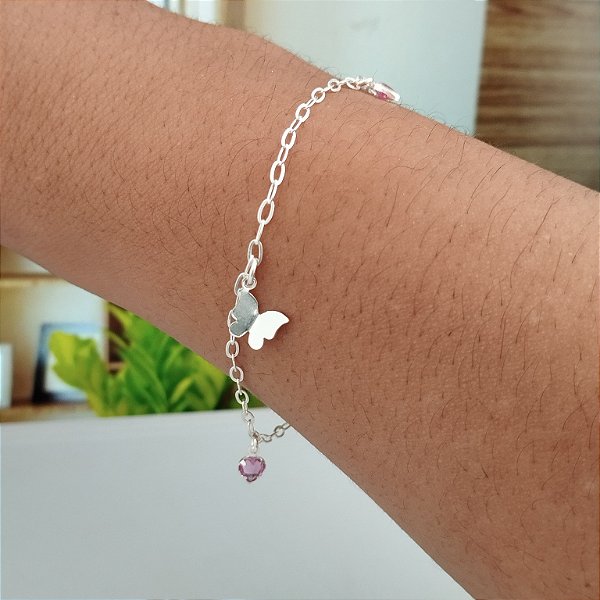 Pulseira Borboleta C/ Corações Rosa - Prata 925 - MP472-1472