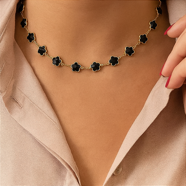 Gargantilha Choker Flores C/ Pedras Pretas - Semijoia 18 k - MC927-26260