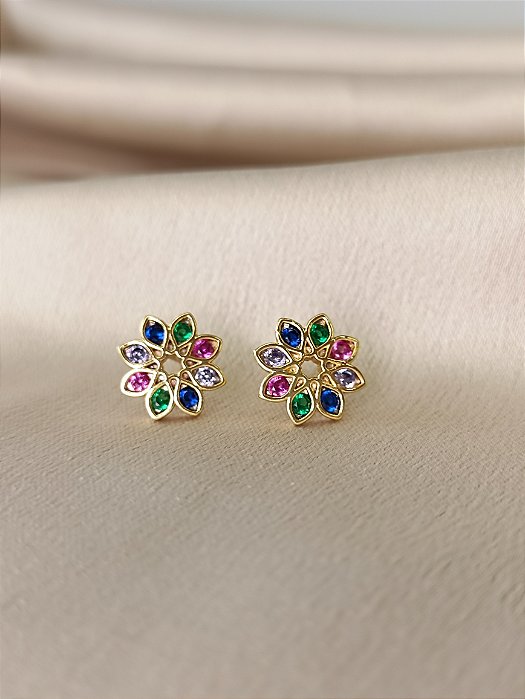 Brinco Flor Cravejado Multicor - 9mm - Semijóia 18k - BR118-670