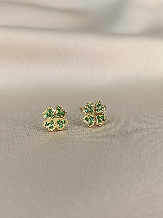 Brinco Trevo Cravejado Pedra Verde - 7mm - Semijoia 18k - BR155-446