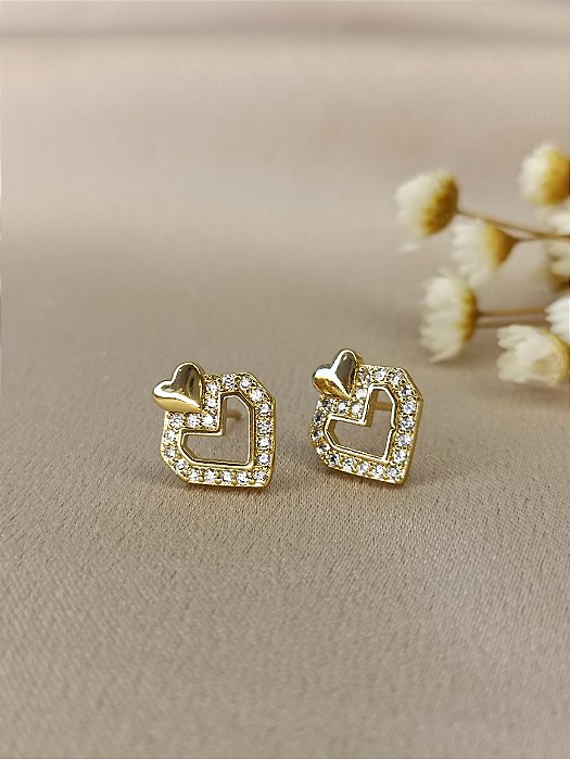 Brinco Coração Cravejado Vazado 12 mm - Semijoia 18k - BR228-668