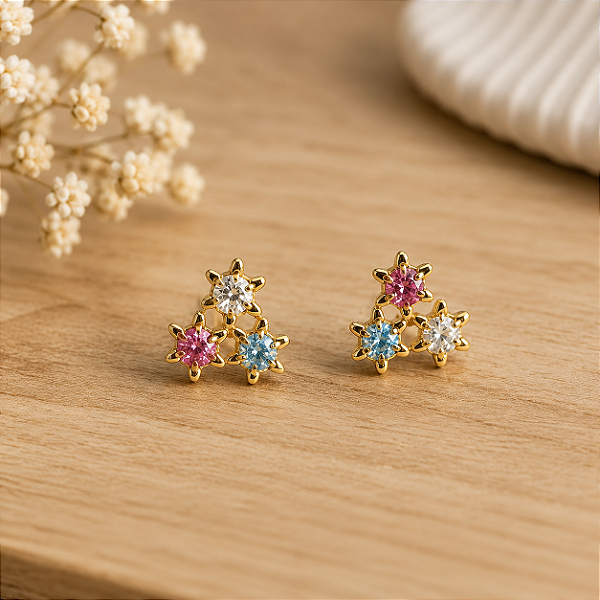 Brinco Trio c/Pedras Coloridas - Semijoia 18k - BR300-446