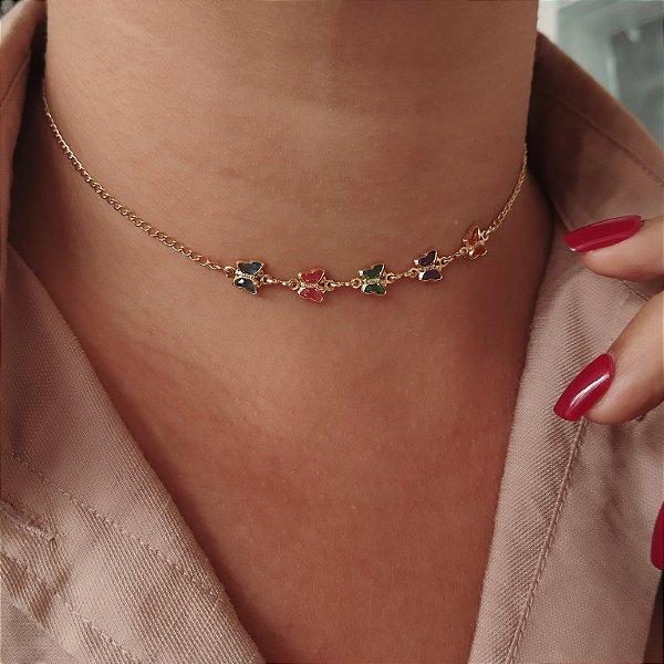 Gargantilha Choker Borboleta Multicor - Semijoia 18k - MC939-08130