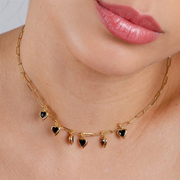 Gargantilha Elo Cartier C/ Corações Pretos - Semijoia 18k - MC984-15180