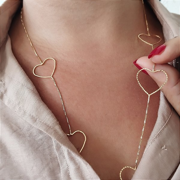 Gargantilha Longuinho Coração Vazado Semijoia 18k - MG66-12140
