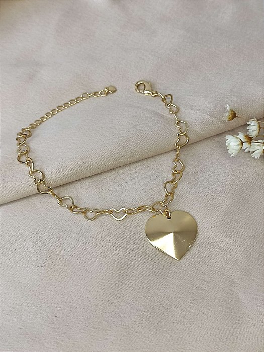 Pulseira Coração Vazado c/Pingente Coração Semijoia 18k - MP545-0990