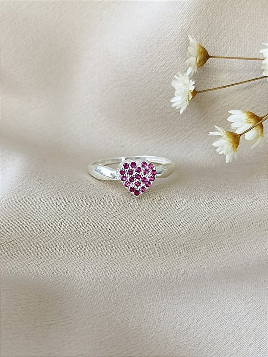 Anel Coração Cravejado com Zircônias Rosa - Prata 925 - MA218-25116