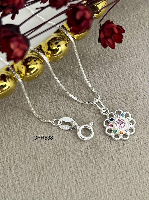 Gargantilha Flor Com Pedras Color - Prata 925 - MG173-1692