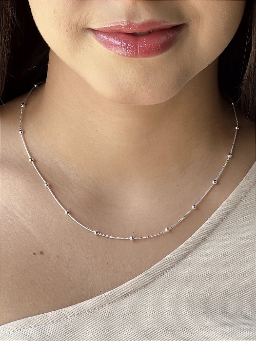 Gargantilha Rabo de Rato Com Bolinhas - 40cm - Prata 925 - MG296-13136