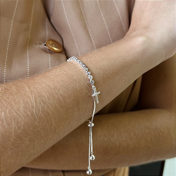 Pulseira Cravejada Com Zircônias e Crucifixo - Ajustável - Prata 925 - MP692-71428