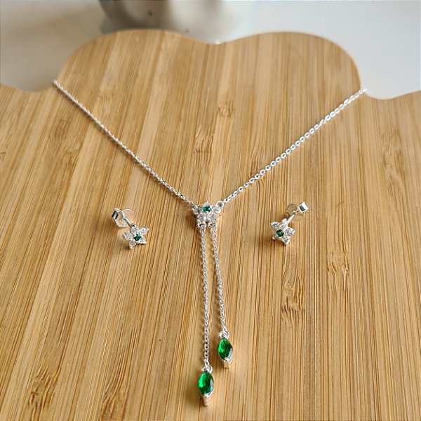 Conjunto Flor Cravejada Com Pedra Verde - Prata 925 - MCJ78-48294