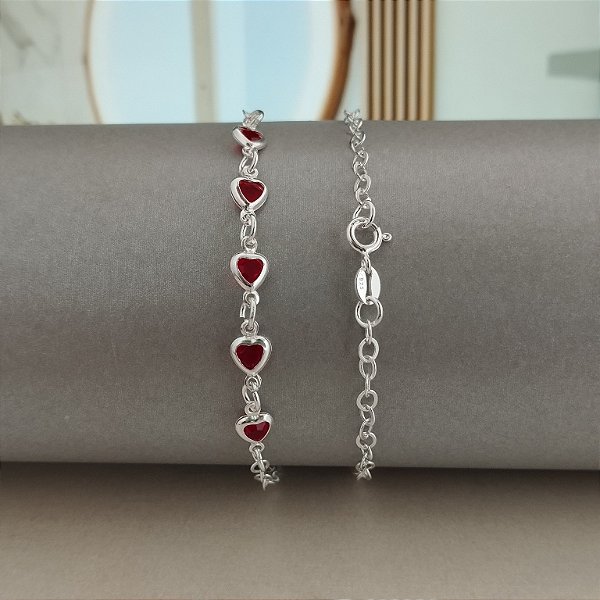 Pulseira Com Corações Vermelhos - Prata 925 - MP735-17102