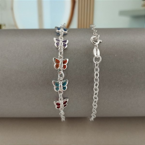 Pulseira Com Borboletas Multicor - Prata 925 - MP740-23138