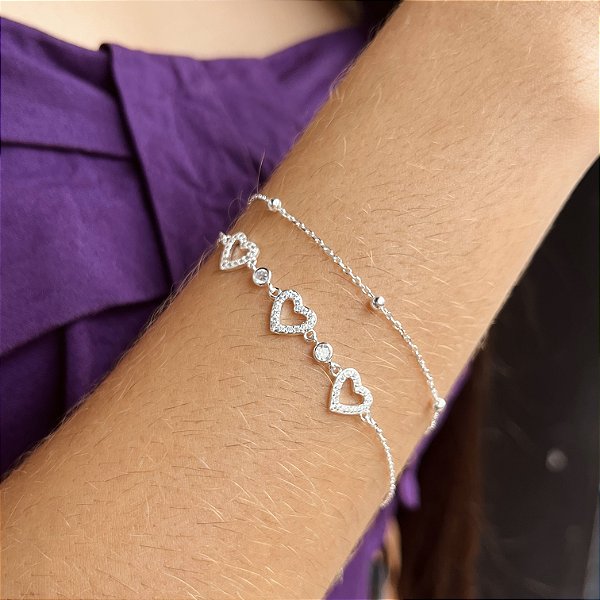Pulseira Dupla Corações Com Bolinhas - Prata 925 - MP744-36216