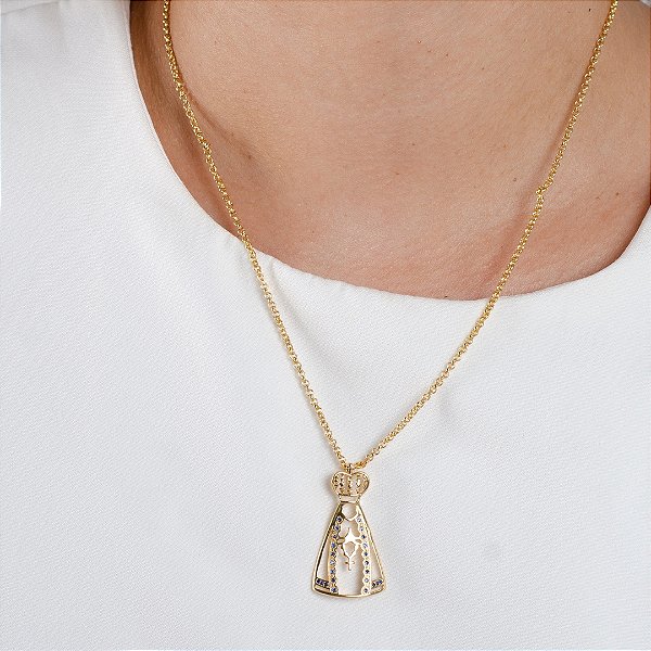 Gargantilha Nossa Senhora Aparecida Cravejada - Semijoia 18k - MG431-30300