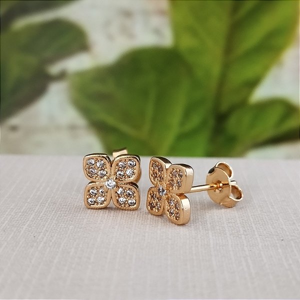 Brinco Flor Cravejado - Semijoia 18k - BR836-554