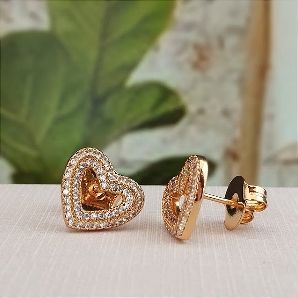 Brinco Coração Cravejado - Semijoia 18k - BR965-11140