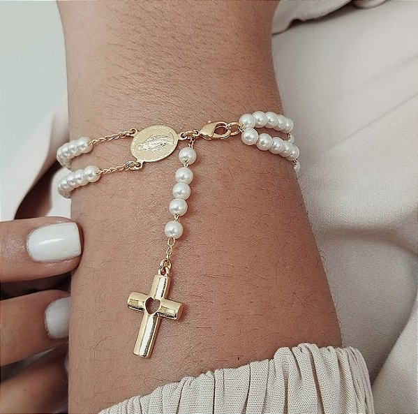 Pulseira Terço Nossa S. das Graças C/ Pérola - Semijoia 18k - MP816-21210