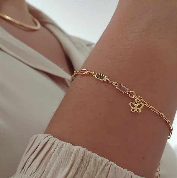 Pulseira Pedras de Zircônia Color C/ Borboleta - Semijoia 18k - MP807-696