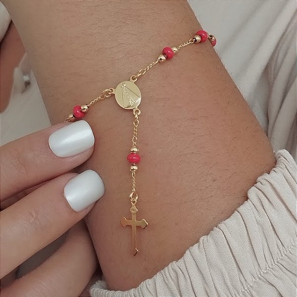 Pulseira Terço N. Sra. Aparecida C/ Bolinhas Vermelhas - Semijoia 18k - MP902-15170