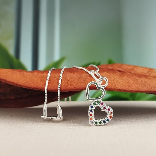Gargantilha Dois Corações Cravejado Multicor - Prata 925 - MG489-26156