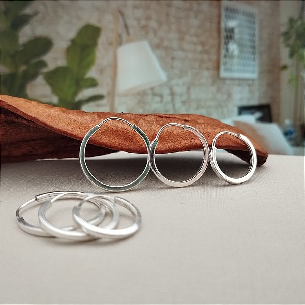 Trio Argolas Fio Quadrado Lisas Finas - Prata 925 - B39-960