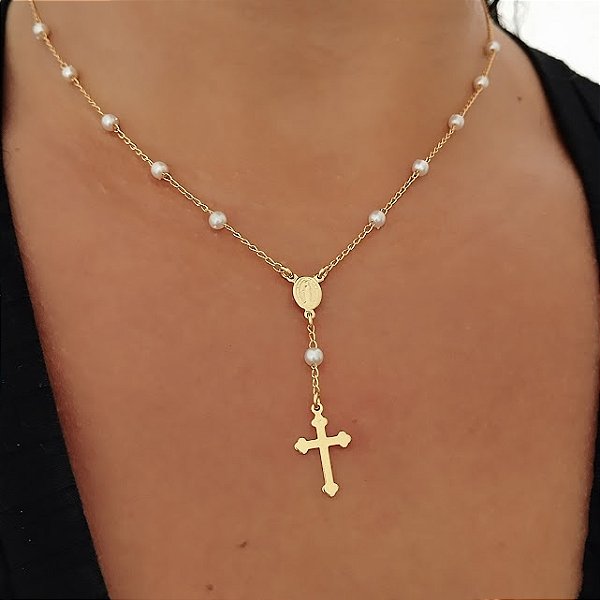 Gargantilha Terço N. Sra. das Graças C/ Pérola - Semijoia 18k - MG497-08130