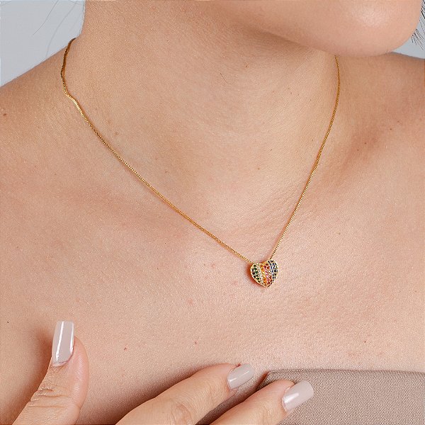 Gargantilha Coração Cravejado Multicor - Semijoia 18k - MG516-19198