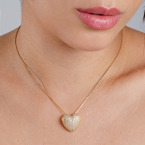 Gargantilha Relicário Coração Cravejado - Semijoia 18k - MG553-14280