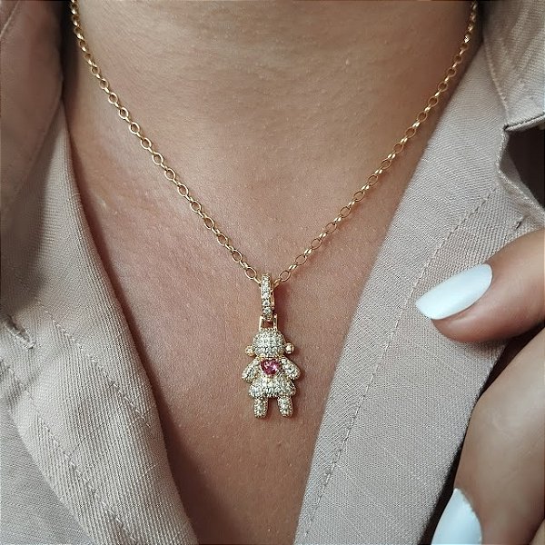 Gargantilha Menina Cravejada C/ Coração Rosa - Semijoia 18k - MG547-34370