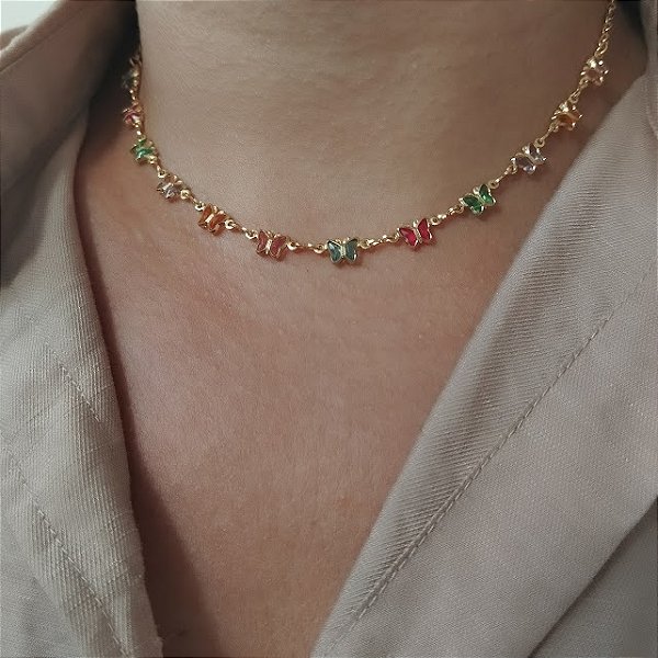 Gargantilha Choker Borboletas Multicor - Semijoia 18k - MG449-13150