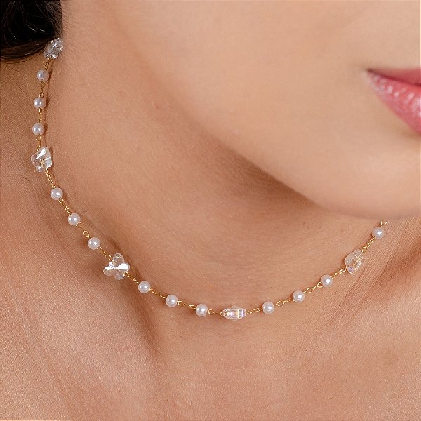 Gargantilha Choker Pérola C/ Borboleta - Semihoia 18k - MG508-11140