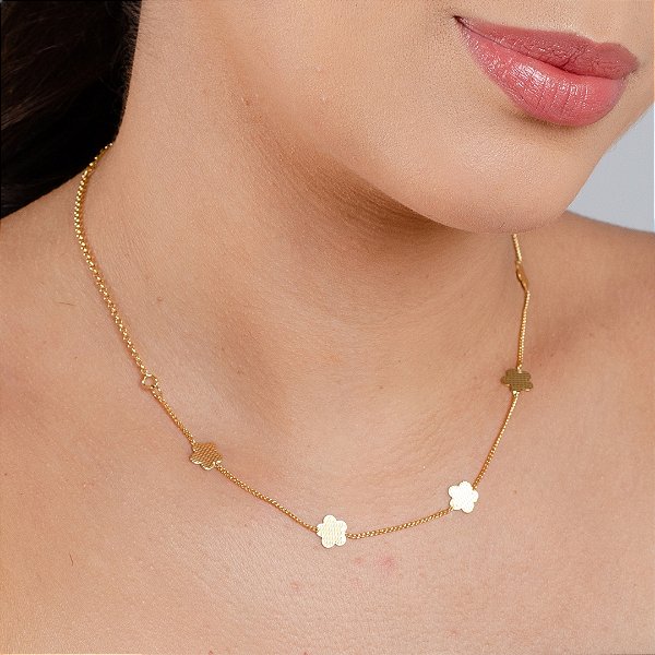 Gargantilha Choker C/ Flores Trabalhada - Semijoia 18k - MG446-13150