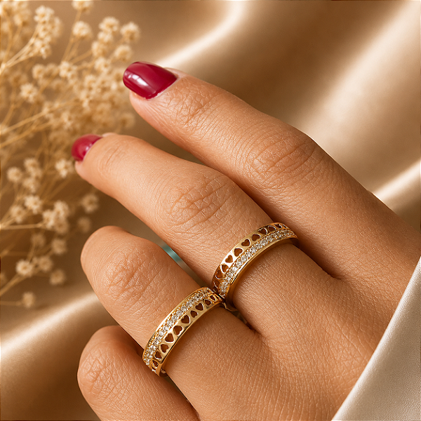 Anel Cravejado Com Corações - Semijoia 18k - MA328-11160