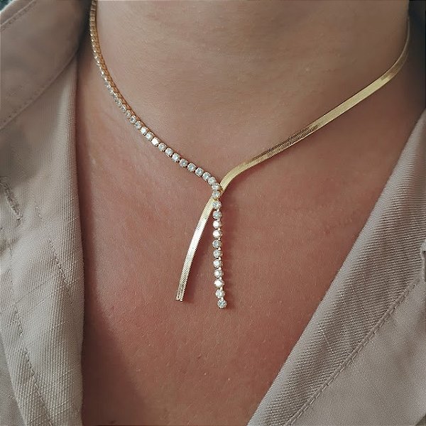 Gargantilha Choker Laminada/ Riviera - Semijoia 18k - MG531-25270