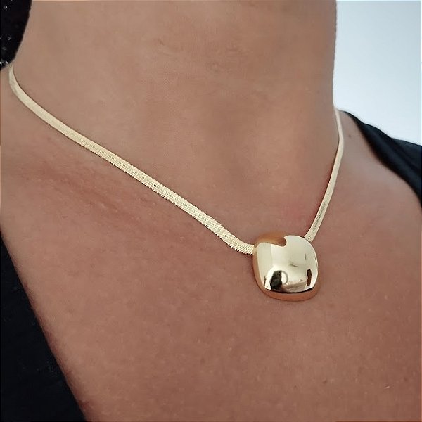 Gargantilha Choker Laminada C/  Pingente Abaulado - Semijoia 18k - MG523-21260