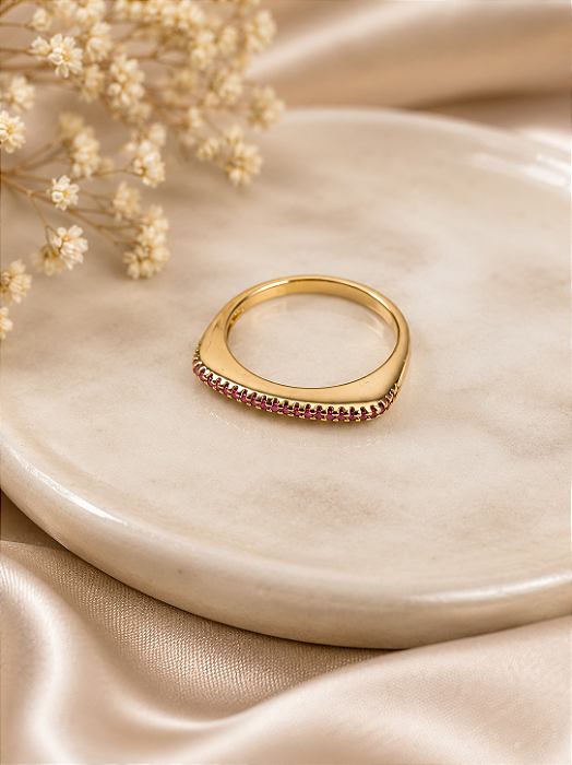 Anel Quadrado Com Zircônias Rosa - Semijoia 18k - MA392-12260